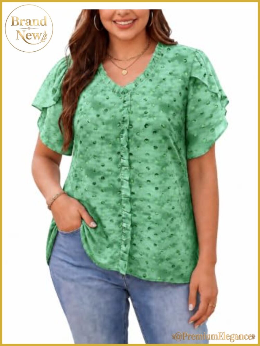 Plus Size Flowy Chiffon Tunic Top Ruffle V-Neck Flutter Sleeve Blouse